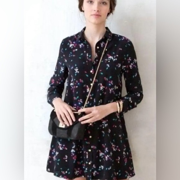 Sezane Paris Black Floral Shirtdress Silk Button Up Long Sleeve Size XS - Picture 1 of 9